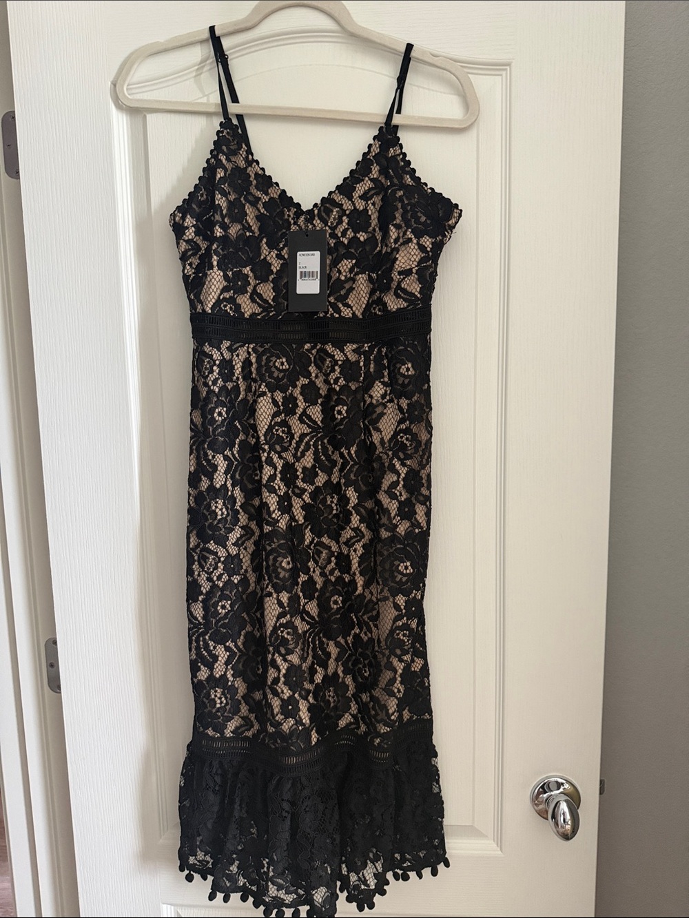Black Lace Overlay Slip Dress with Nude Lining